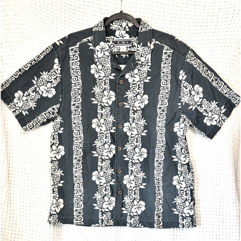 OP Hawaiian Shirt Mens Medium Pineapple‎ Floral Print Button Down Aloha